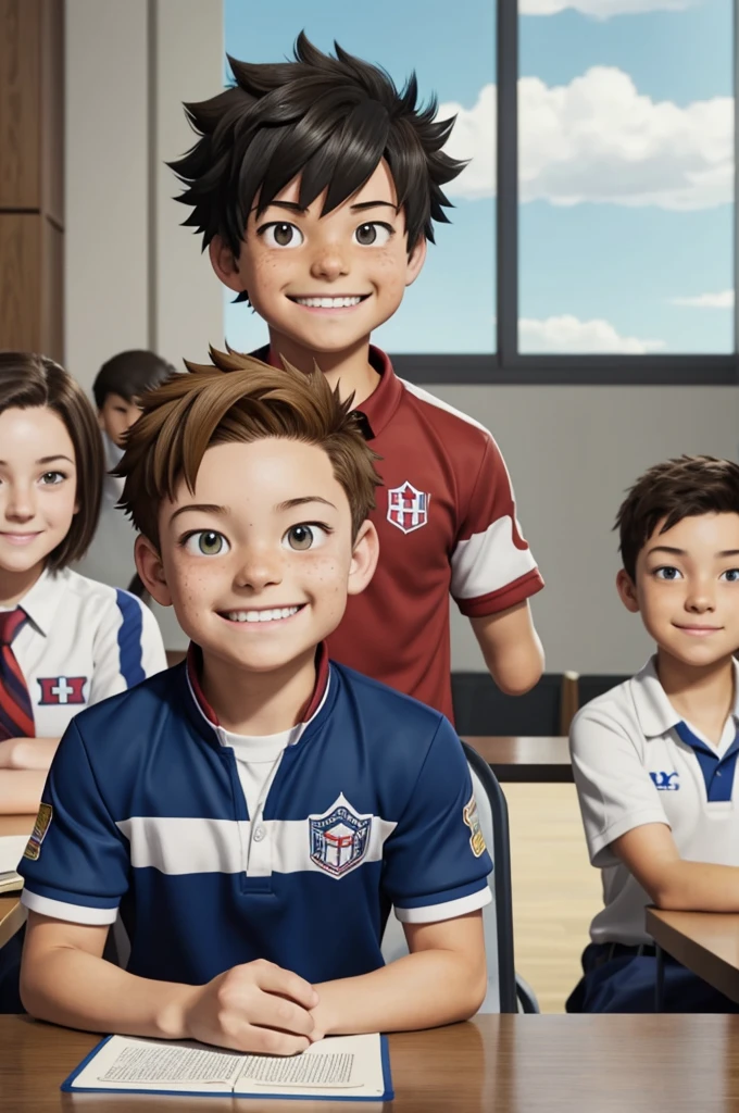 Screenshot of my hero academia.
Make a Boy short hair. Brown with brown eyes. and freckles. with a happy expression, He is wearing the UA uniform. And in the background it has a school class from the U.Sitting at a table, do it with My Hero Academia style 