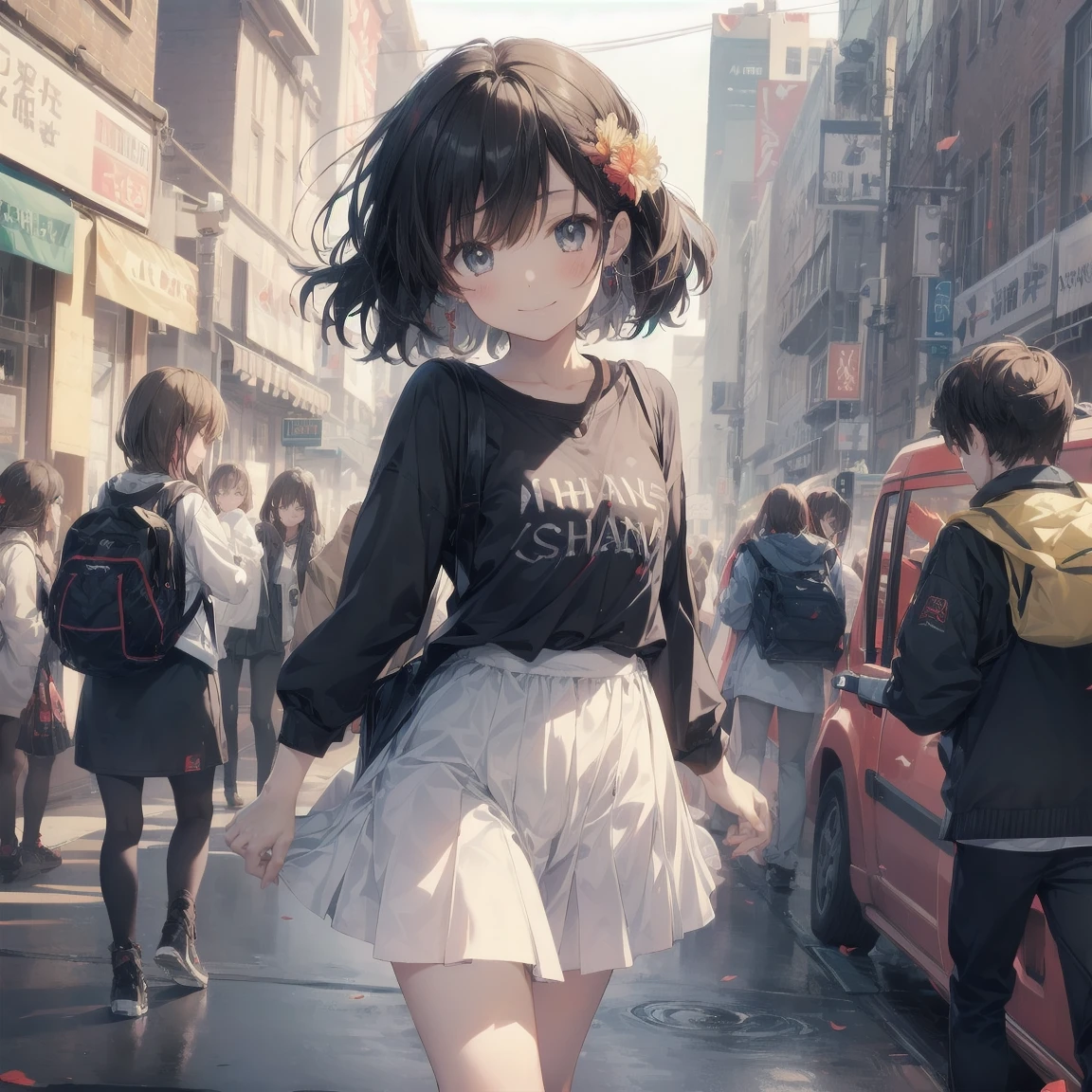 super high quality, Very detailed, High resolution, Anime Moe Art Style, artgod による最高のアニメ 8K コナちゃんの壁紙, pixiv Contest Winner, Perfect Anatomy, break, (draw a girl sleepily walking alone to school. ), break, 1 Girl, (alone, change,,8-year-old:1.3), Perfect limbs, Perfect Fingers, primary school, Bisexuality, (((Very nice smile,)))Shaggy Hair, Flat Chest, Small Ass, share, (Short black hair), Big red flower hair ornament, Yellow Eyes, Small eyes, Beautiful and exquisite black eyes, Well-proportioned iris and pupil, Disgusted Eyes, High resolution detailed hair, , skirt, school bag. Breaking,Very detailed肌, Best lighting by famous artists, 8K, Cute illustrations,.