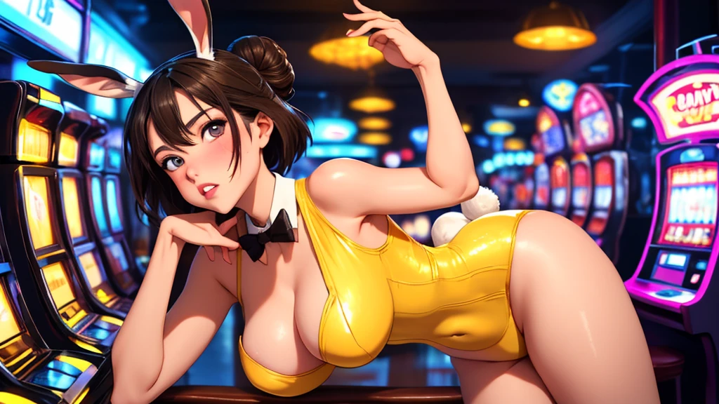 masterpiece, best quality, 1girl, solo on the left side, looking at viewer, breasts, mature female, collarbone, janeporter, short hair, hair bun, playboy bunny, detached collar, fake animal ears, rabbit ears, rabbit tail, cyberpunk, neon lights, indoors, casino, yellow leotard, bowtie, depth of field,