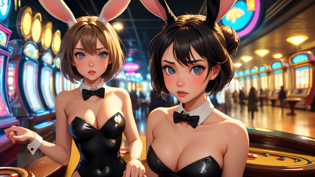 masterpiece, best quality, 1girl, solo on the left side, looking at viewer, breasts, mature female, collarbone, janeporter, short hair, hair bun, playboy bunny, detached collar, fake animal ears, rabbit ears, rabbit tail, cyberpunk, neon lights, indoors, casino, yellow leotard, bowtie, depth of field,