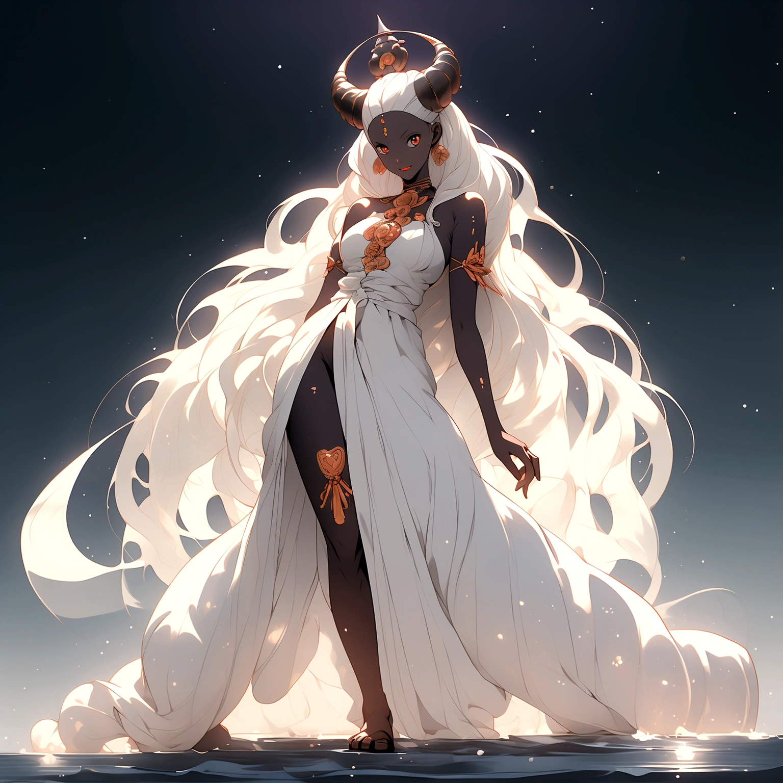 Full body image, african woman, open arms pose walking, face Contempt, evil smile, white hair short, full armor dark demoniac fantasy, , sweating, body a little fat, Hyper realistic night beach background, persona 5 manga style, Japanese writing on the edges with Shangri-La written on at the edges, Angle from bottom to top