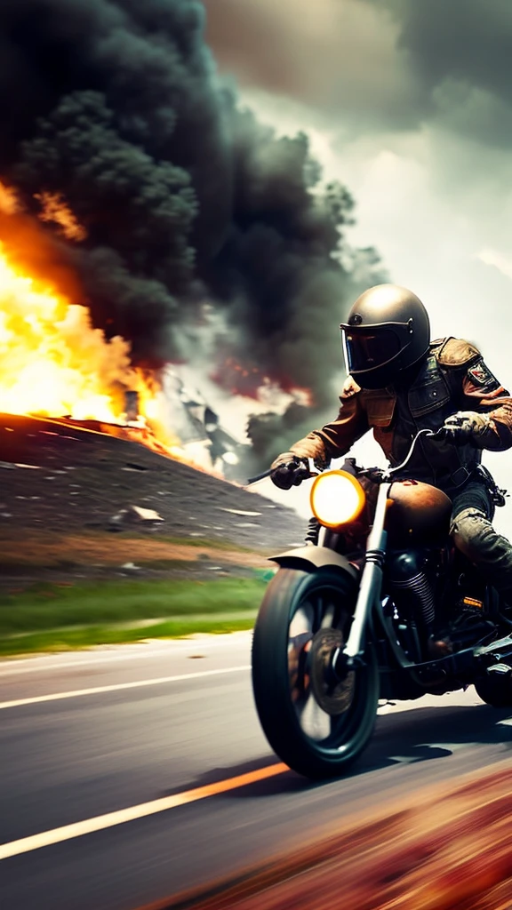 a motorcycle speeding through a battlefield, detailed engine, dramatic action scene, explosion effects, cinematic lighting, muted color palette, dystopian atmosphere, grunge textures, volumetric fog, advanced photorealistic rendering, cinematic composition, extreme camera angle, masterpiece, best quality, 8k