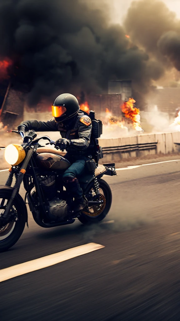 a motorcycle speeding through a battlefield, detailed engine, dramatic action scene, explosion effects, cinematic lighting, muted color palette, dystopian atmosphere, grunge textures, volumetric fog, advanced photorealistic rendering, cinematic composition, extreme camera angle, masterpiece, best quality, 8k