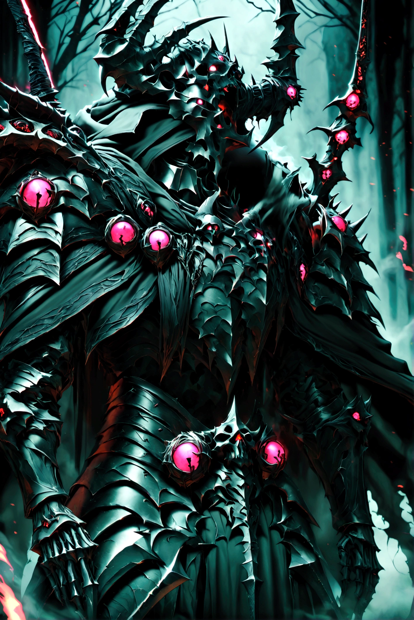 Create an image of a skeleton knight standing in smoke, neon ruby eyes, smoke coming from its mouth, upper body, looking at the viewer, absolute black cloak, absolute black death knight armor, glowing ruby ornaments, glowing ornaments, absolute black cape, absolute black hood, evil demonic intentions,