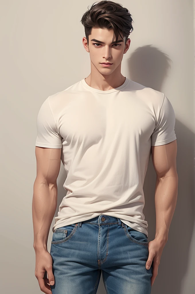 "Illustrate a full-length male body, in a neutral, relaxed pose. The character must have an athletic physical build, but not exaggerated. Make sure muscles and bone structure are defined, but not in excess.

The character must be dressed in simple, basic clothing, like a short-sleeved t-shirt and jeans or shorts. The hairstyle should be simple and natural, without any elaborate style.

Try to keep the body proportions realistic and avoid distortions. The face must be in a neutral expression, without any exaggerated emotion.