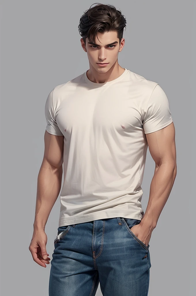"Illustrate a full-length male body, in a neutral, relaxed pose. The character must have an athletic physical build, but not exaggerated. Make sure muscles and bone structure are defined, but not in excess.
The character must be dressed in simple, basic clothing, like a short-sleeved t-shirt and jeans or shorts. The hairstyle should be simple and natural, without any elaborate style.
Try to keep the body proportions realistic and avoid distortions. The face must be in a neutral expression, without any exaggerated emotion.