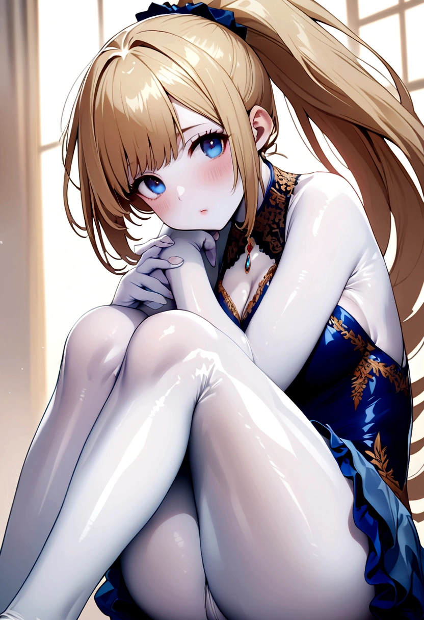 Generate an image of a girl with a high ponytail,long honey blonde hair,blue eyes, blue dress above the knees,white lycra, White skin color