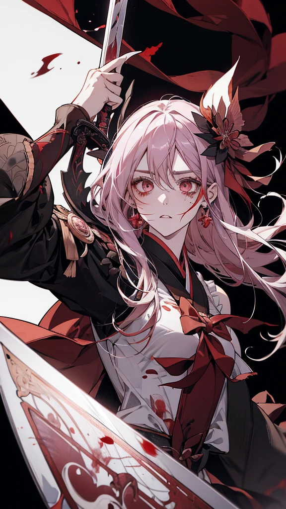 anime girl with a sword and blood splattered on her face, yandere, gapmoe yandere grimdark, gapmoe yandere, by Shitao, onmyoji, demon anime girl, yandere intricate, shalltear bloodfallen, anime style like fate/stay night, portrait gapmoe yandere grimdark, onmyoji portrait