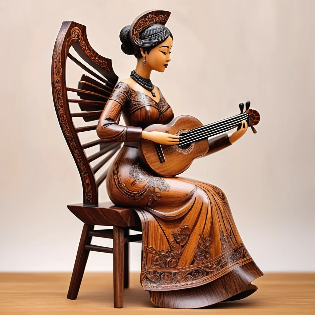 A beautiful Western woman who plays a musical instrument while sitting on a chair made of wood inlaid, extremely delicate.
