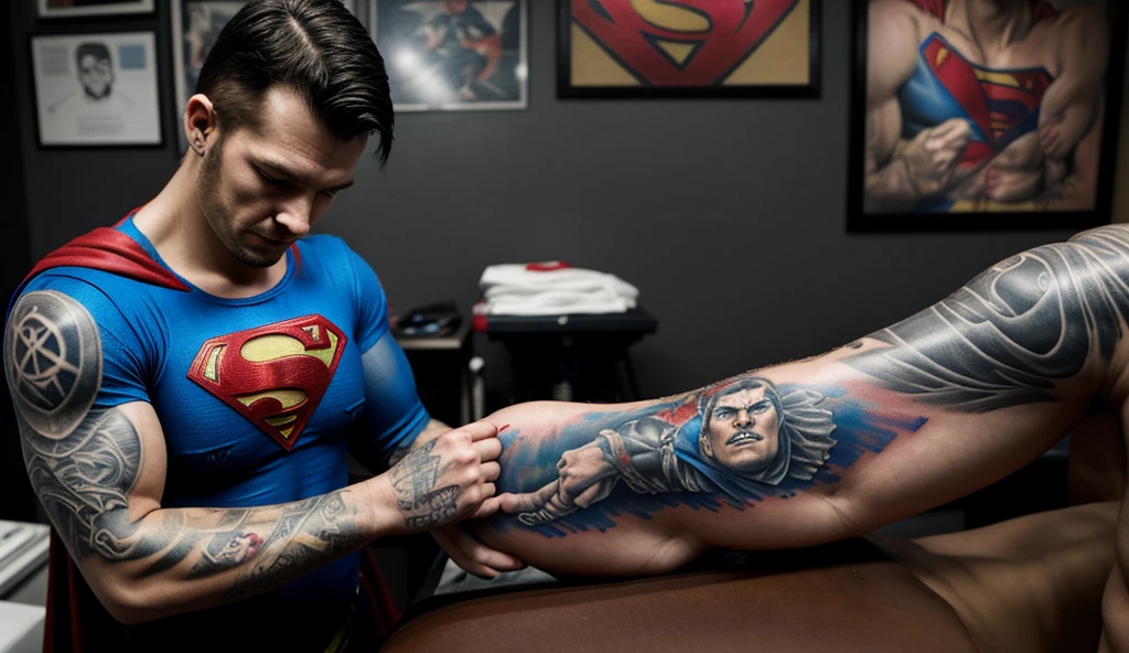 confused tattoo artist giving superman a tattoo in tattoo parlor
