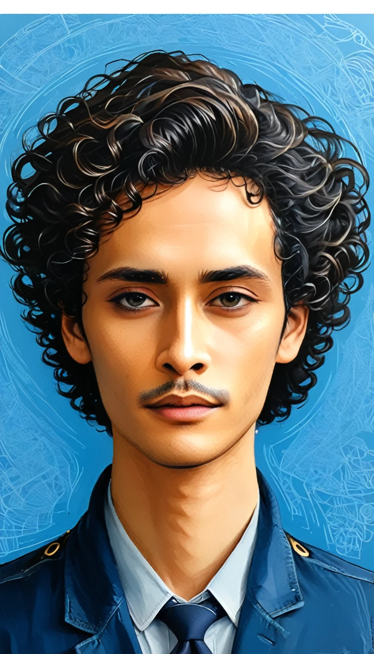 The image depicts a detailed pen sketch of an individual from the shoulders up. The face of the individual is obscured by a solid blue rectangle, making it impossible to identify any facial features. The hair appears to be curly or wavy and is depicted with numerous intricate lines and swirls that create a sense of volume and texture. The individual is wearing what seems to be a collared shirt and jacket, also rendered in fine lines that suggest folds and creases in the fabric.