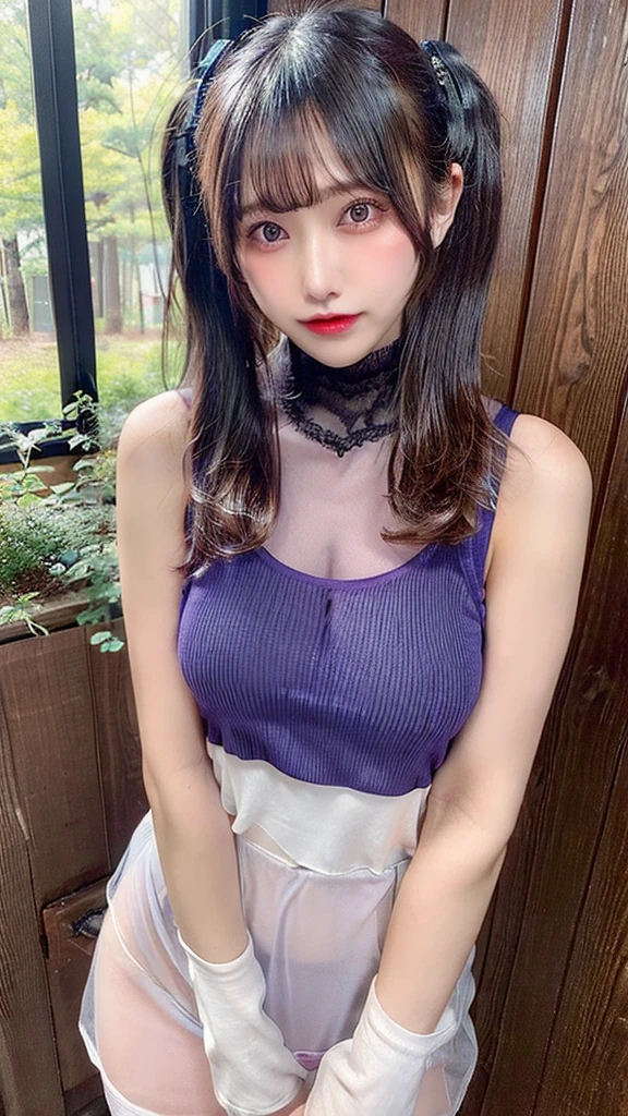 Sheer tank top、Reduce milk、Transparent nipples with a sheer look、pantyhose/stockings、See-through underwear、forest、Purple twin tails