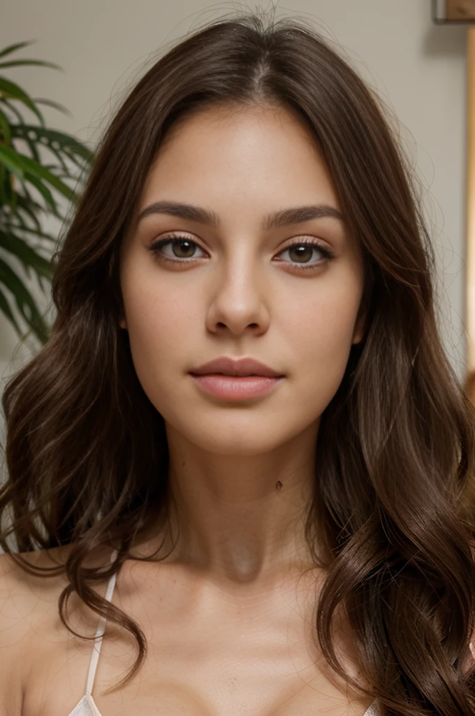 long wavy dark brown hair, light eyes, defined jaw, huge breast, and accentuated chin. feminine and delicate features of a latina, round face without makeup, big and thick lips, warm white skin, face of a woman resembling the Colombian model and influencer Valeria Duque.