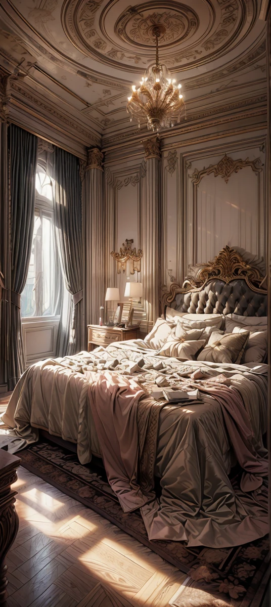 Best quality, masterpiece, ultra high res, raw photo, beautiful and aesthetic,deep shadow, dark theme,(ultra detailed:1.3), divine, royal bedroom, indoors, luxurious palace, canopy bed, full of curtains, pillows, jewelry, candlelight, queen bedrooms, pink room, neoclassical bedroom