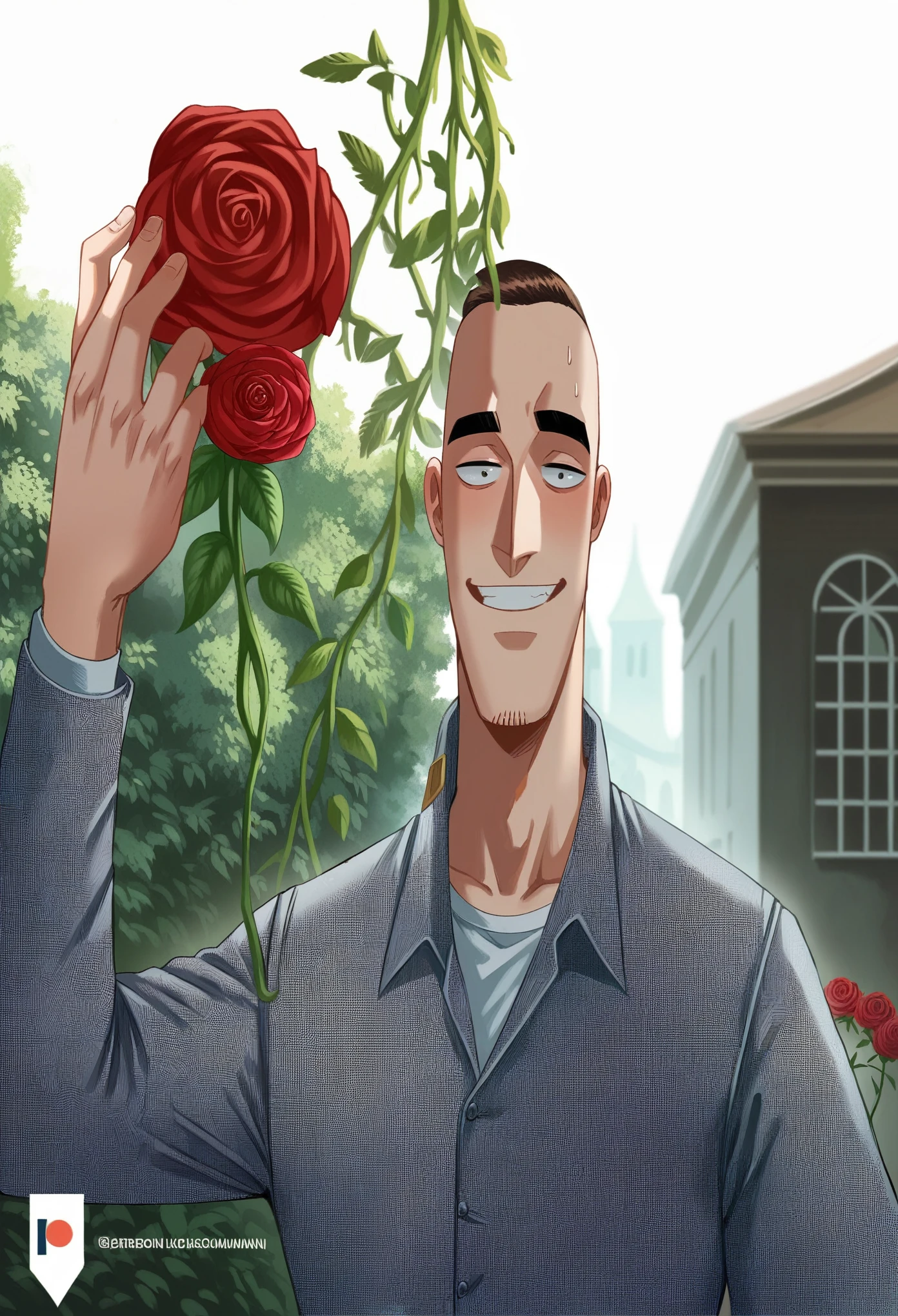smiling man holding a red flower in his hand, holding a red rose, huge rose flower face, holding a rose, huge rose flower head, giant pink flower as head, about 19 years old, holding a rose in a hand, alexander, growing out of a giant rose, with an orientalist smiling face, Mohammed Chahin, handsome man, atef.