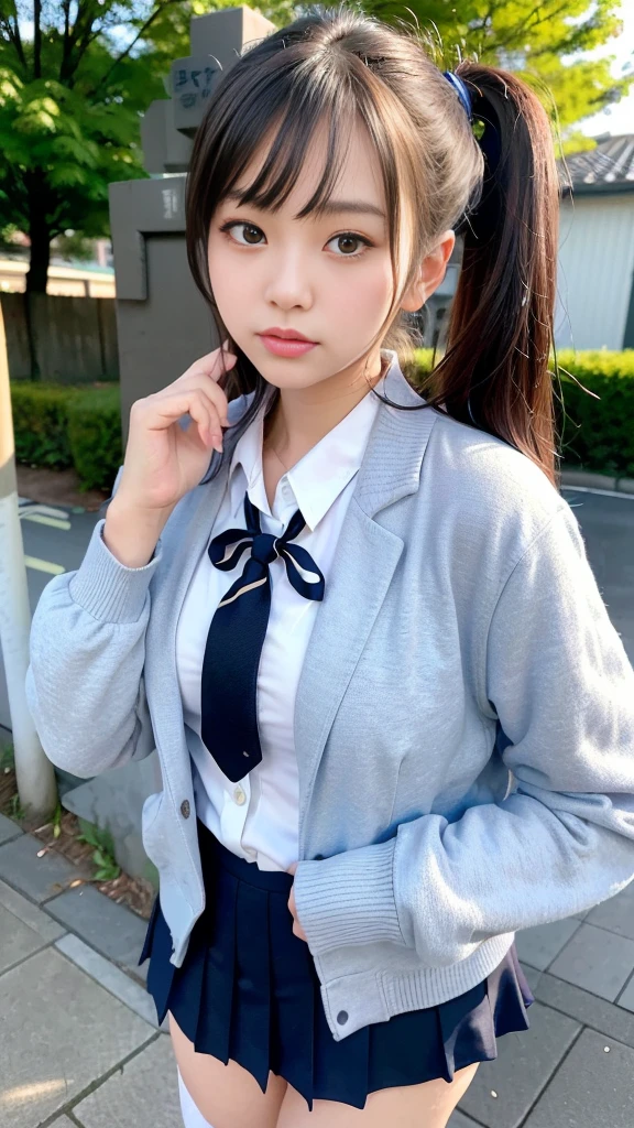 Mix 4, (16K, RAW Photos, Best image quality, masterpiece: 1.45), (Realistic, Photorealistic: 1.37), One Girl, cute, Cityscape,, Professional Lighting, Photon Mapping, School classroom, Physically Based Rendering, Dark brown hair,Ponytail Hairstyles, Beautifully groomed eyes、((double eyelid))、super cute girl, (((school uniform、blazer、Long-sleeved shirts worn by Japanese high school girls、Ribbon tie、Navy blue mini skirt,、Dark blue socks、Black Loafers))), Highest quality photos, High resolution, 1080P, (Clear Face), (Detailed facial depiction), (Detailed description of the hand), (masterpiece), (Detailed CG)、Extreme light and shadow、Messy Hair、masterpiece、Rich details、(Detailed facial features)、(Highest quality photos)、(Masseter muscle area)、(Detailed eyes)、Look in front of you、Thin clavicle、((Thin and large))、(((Japanese high school girls wear jackets and long-sleeved shirts)))、((A proper idol))、((school gate、Schoolyard、School building in the background))、(Take photos from random perspectives)、(((Anyway that&#39;s cute)))、Earrings、Don&#39;t draw thin lines、(((Sports bags used by Japanese female students)))、Two arms and two legs、(((from the front:0.7)))、bare hands、(((Symmetrical eyes)))、Remove the tie from the jacket、shirt unbuttoned and open, nipples visible, not wearing bra, not wearing panties, lying on bed, viewer can see female genitalia and nipples, front, provocative smile on viewer's face, Full body figure, baby face, Bold Pose, Big breasts, Crotch open, Squatting cowgirl,