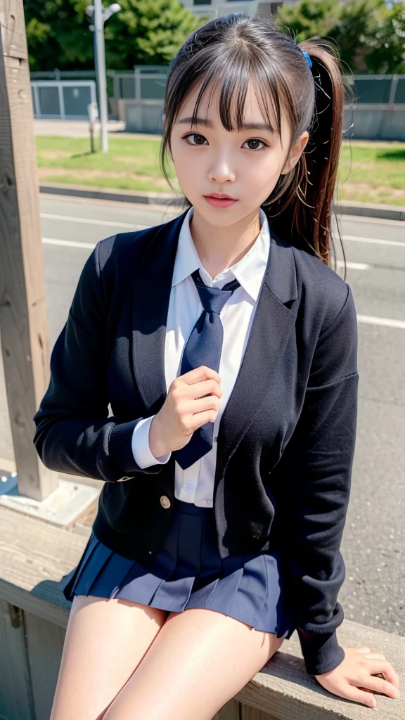 Mix 4, (16K, RAW Photos, Best image quality, masterpiece: 1.45), (Realistic, Photorealistic: 1.37), One Girl, cute, Cityscape,, Professional Lighting, Photon Mapping, School classroom, Physically Based Rendering, Dark brown hair,Ponytail Hairstyles, Beautifully groomed eyes、((double eyelid))、super cute girl, (((school uniform、blazer、Long-sleeved shirts worn by Japanese high school girls、Ribbon tie、Navy blue mini skirt,、Dark blue socks、Black Loafers))), Highest quality photos, High resolution, 1080P, (Clear Face), (Detailed facial depiction), (Detailed description of the hand), (masterpiece), (Detailed CG)、Extreme light and shadow、Messy Hair、masterpiece、Rich details、(Detailed facial features)、(Highest quality photos)、(Masseter muscle area)、(Detailed eyes)、Look in front of you、Thin clavicle、((Thin and large))、(((Japanese high school girls wear jackets and long-sleeved shirts)))、((A proper idol))、((school gate、Schoolyard、School building in the background))、(Take photos from random perspectives)、(((Anyway that&#39;s cute)))、Earrings、Don&#39;t draw thin lines、(((Sports bags used by Japanese female students)))、Two arms and two legs、(((from the front:0.7)))、bare hands、(((Symmetrical eyes)))、Remove the tie from the jacket、shirt unbuttoned and open, nipples visible, not wearing bra, not wearing panties, lying on bed, viewer can see female genitalia and nipples, front, provocative smile on viewer's face, Full body figure, baby face, Bold Pose, Big breasts, Crotch open, Squatting cowgirl,