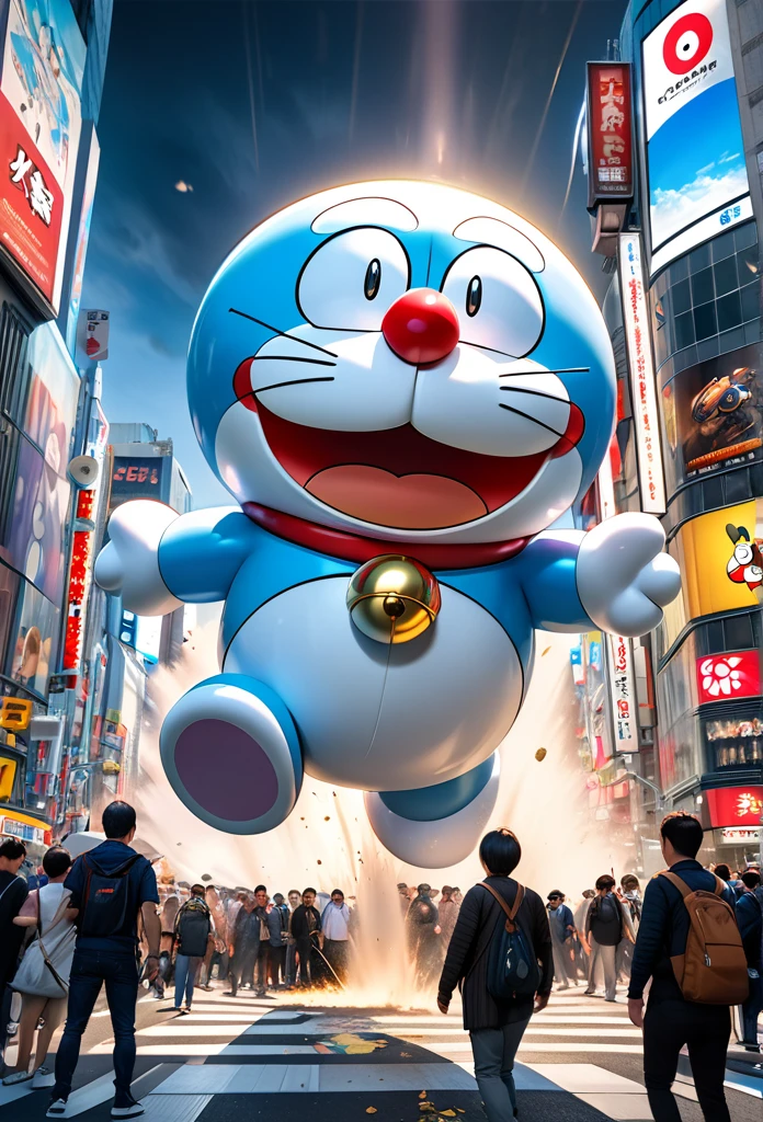 a giant doraemon , deteriorated paint and peeling, detailed mechanical parts visible, red collar with gold bell, yellow takecopter on head also deteriorated, doraemon at shibuya crossing in japan, destroying and slashing buildings, emotionless fear expression, realistic robot doraemon, special effects movie scene, (best quality,4k,8k:1.2),ultra-detailed,realistic,photorealistic,photo-realistic:1.37,HDR,UHD,studio lighting,ultra-fine painting,sharp focus,physically-based rendering,extreme detail description,professional,vivid colors,concept art