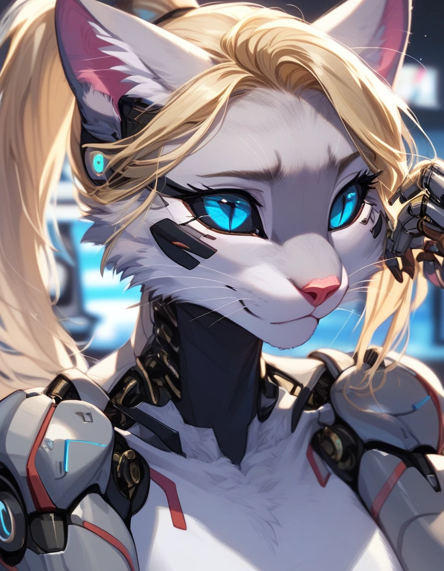 , score_9,score_8_up,score_7_up, (The ultra-detailed)、8K、(Very noble and beautiful))、Cinematic Light、((1 Mechanical anthropomorphic feline girl, Kat, blonde hair in a ponytail, pink nose, :3, silver fur, )) black ceramic body、luminescent android blue eyes, black sclera 、(Mechanical joint:1.4)、 neon details、Science fiction、The background is Cyberpunk City、close up