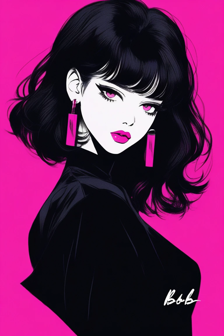 (best quality, sketch:1.2),realistic,illustrator,anime,1 girl, detailed lips, pink lipstik, black dress,custom, (background dark monochrome), dark hair,textured cropping, masterpiece, style retro classic, noir dark, art, sketch book, (bob hair black:1.75 neon:1.32), bad women , dark shadows