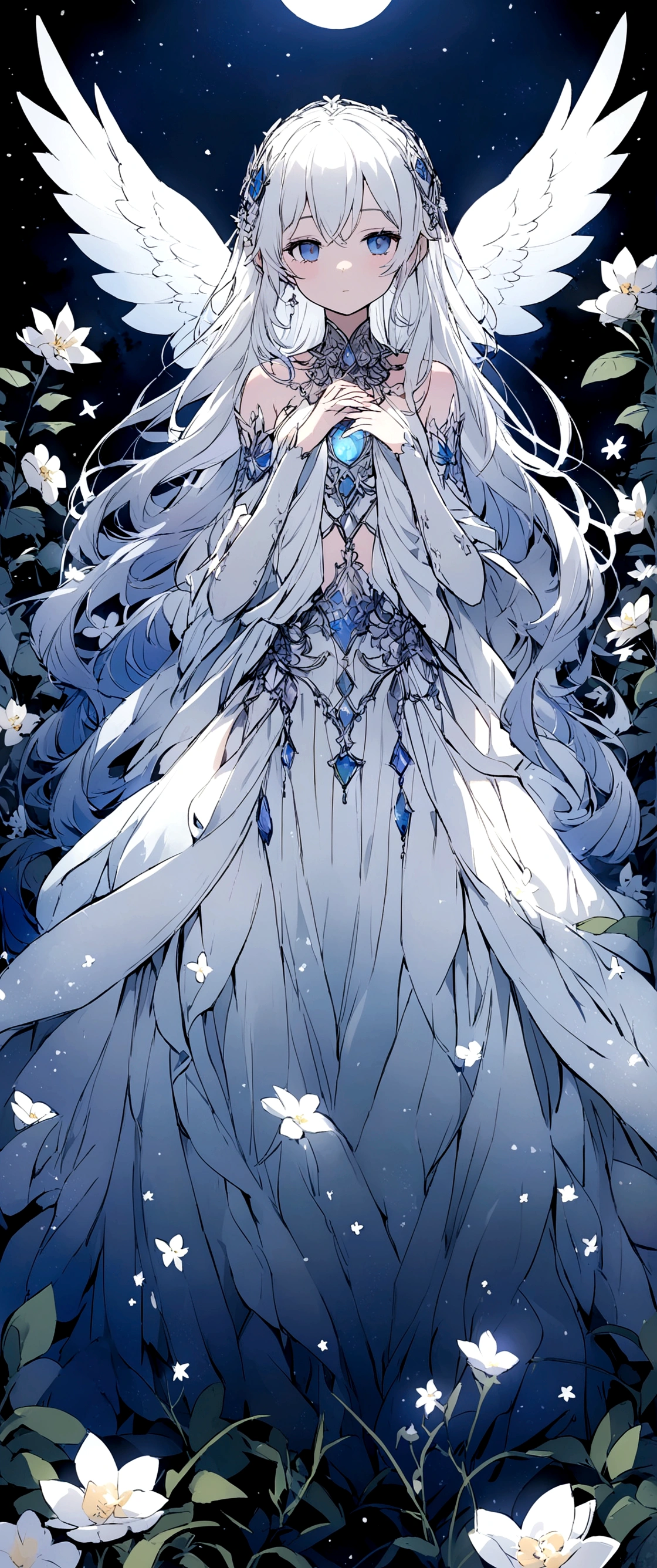 Isis is in a magical realm, hidden in the folds of time. She is standing in a clearing illuminated by a soft, silvery light. Her silver hair glistens in the starlight, and her dark blue eyes reflect the night sky. Around it, the vegetation is lush, with flowers that emanate a faint glow. The little dragon Infinyte stands beside you, its iridescent scales changing color under the moonlight.