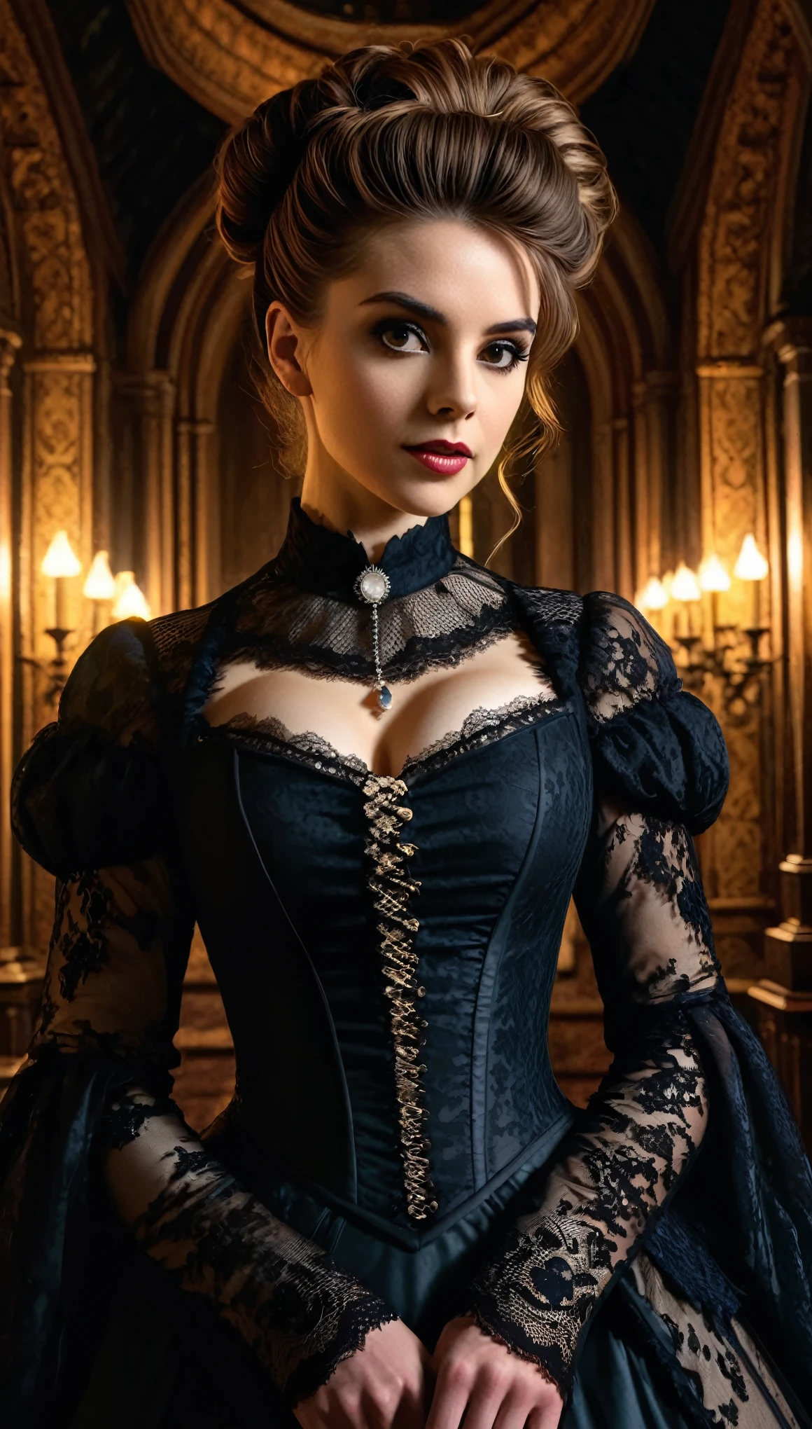 A hyper-realistic portrait of an elegant lady with light brown hair in an updo, wearing a dark, gothic twist on a Victorian lace dress, set in a dimly lit Victorian-style room with gothic architecture