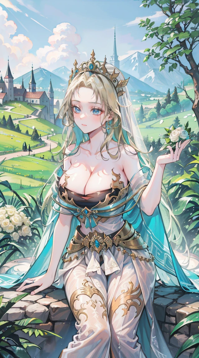 beautiful woman，Folk Girl，blonde with blue eyes，Twist，Wear a strapless wedding dress with no straps.，countryside，countryside，beautiful scenery，European Middle Ages，smile with teeth，forehead，forehead exposed，big tits，rift, (2 young women ,beautiful woman)