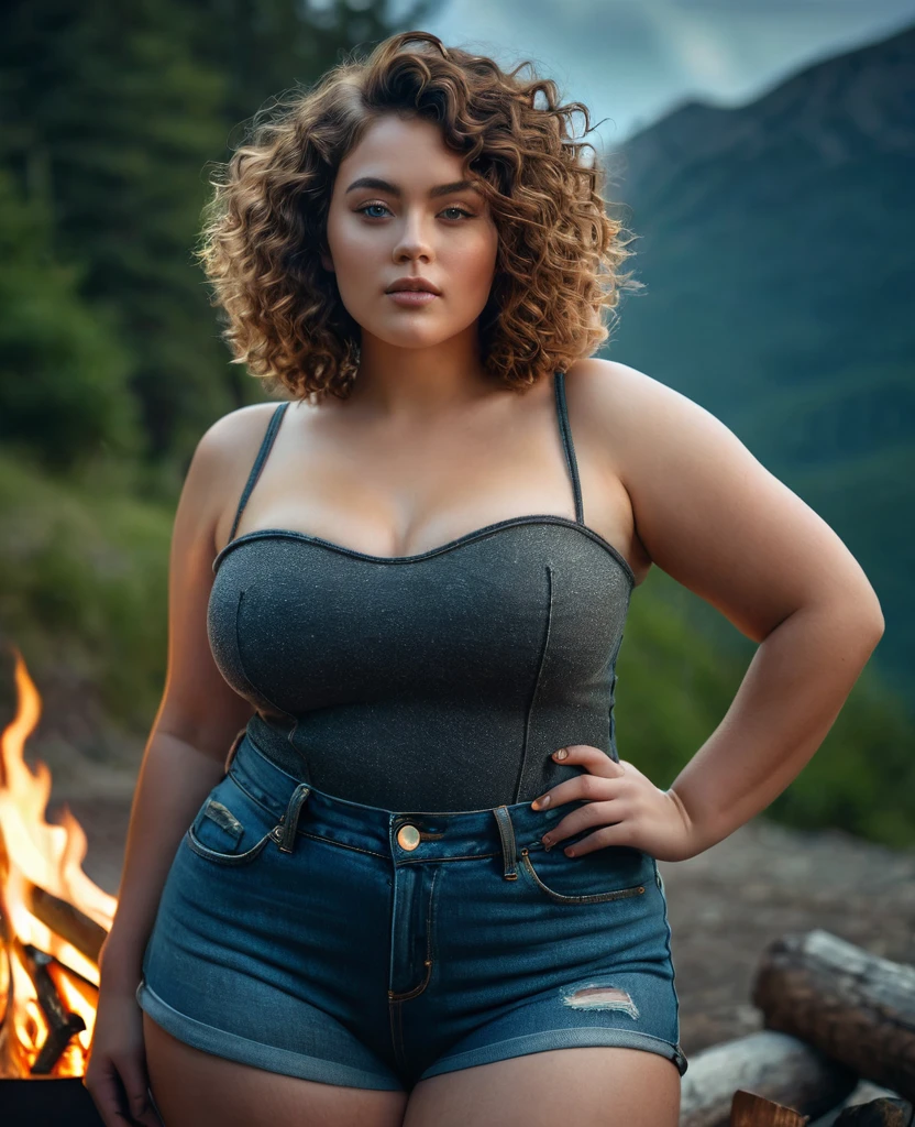(((Curvaceous woman))), (((plus size woman))), (mountainscape), (((big, curved hips))), glare eyes, curly hair flowing, tight jeans, short sidecut hair, skin natural, 24mm, 4K, soft cinematic light, CRU photo, fotorrealism, photorrealistic, intricate, chic, highy detailed, sharp focus, ((cinematic appearance)), calming hues, insane details, intricate details, hyperdetailed, low-contrast, soft cinematic light, dark colours, Exposure Mix, hdr, missing, (epic), sensuous, magical, Wishing, Blooming, camp fire, latern, warm toned, (((woman like the one in the image))), (((maintain body)))