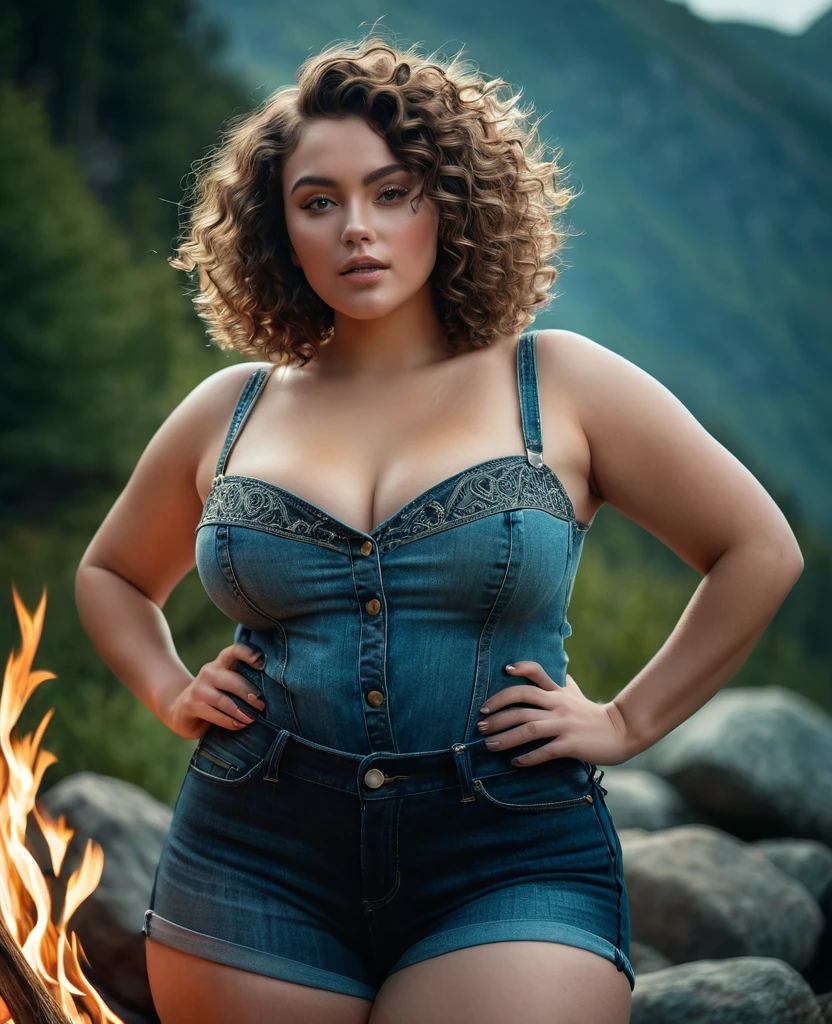 (((Curvaceous woman))), (((plus size woman))), (mountainscape), (((big, curved hips))), glare eyes, curly hair flowing, tight jeans, short sidecut hair, skin natural, 24mm, 4K, soft cinematic light, CRU photo, fotorrealism, photorrealistic, intricate, chic, highy detailed, sharp focus, ((cinematic appearance)), calming hues, insane details, intricate details, hyperdetailed, low-contrast, soft cinematic light, dark colours, Exposure Mix, hdr, missing, (epic), sensuous, magical, Wishing, Blooming, camp fire, latern, warm toned, (((woman like the one in the image))), (((maintain body)))