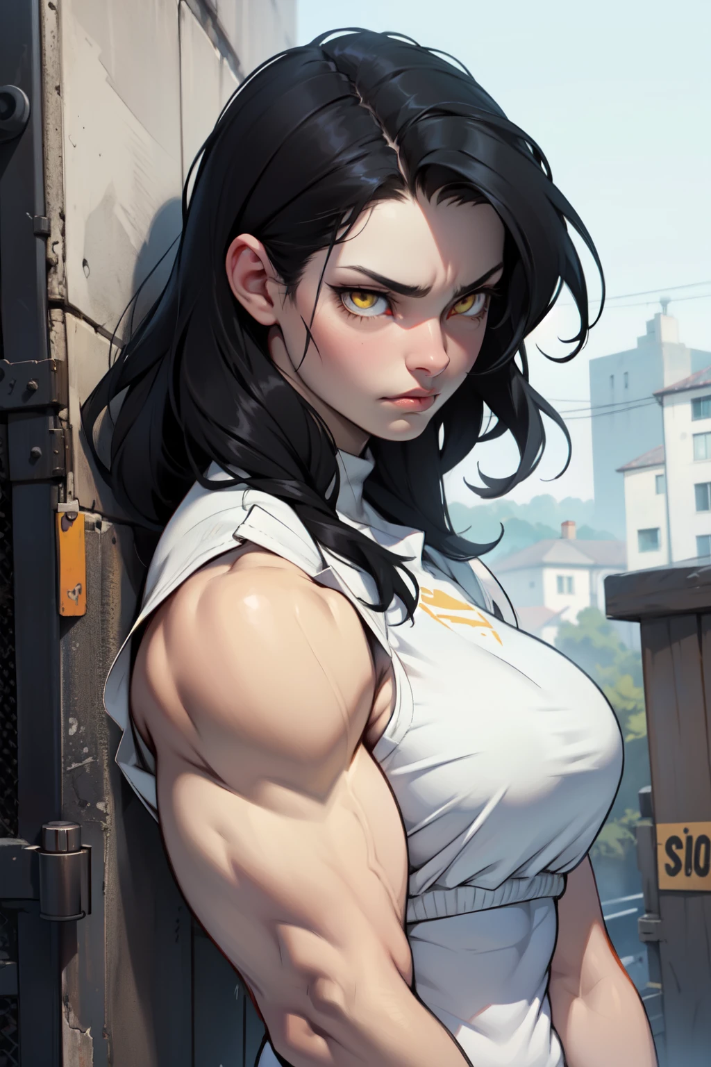 pale skin solo 1 girl black hair yellow eyes angry (close up very long hair sweaty) dark atmosphere (huge breasts bodybuilder toned body muscular) tight shirt tight pants curvy thick thighs wide hips snow veins foggy steam concrete