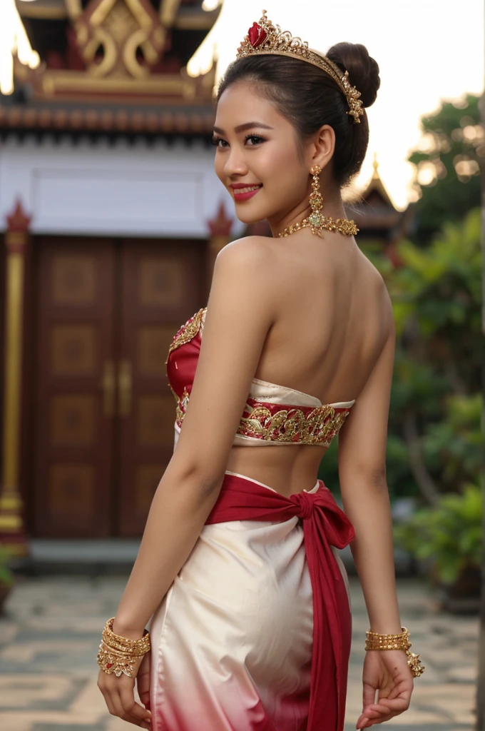 (masterpiece), best quality, ultra high res, , (princess:1.3), standing, (NSFW), lace underwear, beautiful face,( thailand tradition house:1.3),,(cute girl:1.3), ( thai white red ombre detailed traditional dress:1.3),(traditional body strap:1.2) big ,detailed background , gloves, hair bun, , big hair_ornament, ear ornaments, ear peice, ear jewelries, big crown, big jewelry, hair_stick, jewelry, necklace, bracelets, arms jewelry, (seductive:1.3), ( looking at viewer:1.5) , ocean,flowers, beautiful day, close eyes, enjoying the breeze ,beautiful smile, back angle