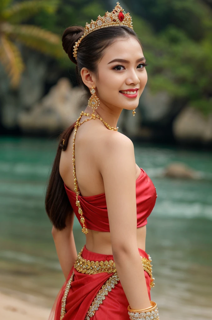 (masterpiece), best quality, ultra high res, , (princess:1.3), standing, (NSFW), lace underwear, beautiful face,( thailand tradition house:1.3),,(cute girl:1.3), ( thai white red ombre detailed traditional dress:1.3),(traditional body strap:1.2) big  ,detailed background , gloves, hair bun, , big hair_ornament, ear ornaments, ear peice, ear jewelries, big crown, big jewelry, hair_stick, jewelry, necklace, bracelets,  arms jewelry, (seductive:1.3), ( looking at viewer:1.5) , ocean,flowers, beautiful day, close eyes, enjoying the breeze ,beautiful smile, back angle 