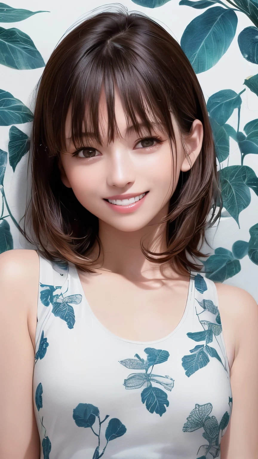 (Highest quality、8K、32k、masterpiece)、(Realistic)、(Realistic:1.2)、(High resolution)、Very detailed、Very beautiful face and eyes、1 Girl、Round and small face、Tight waist、Delicate body、(Highest quality、Attention to detail、Rich skin detail)、(Realistic、Realistic:1.37)、Bright colors、(((Chestnut Hair)))、(((Upper Body Shot)))、(((Medium Hair)))、(((Fair skin)))、(((White wall background)))、(((White wall background)))、(((smile)))、(((Teeth are visible)))、(((Wear a tank top)))、(((Touch your chin with your right hand)))、(((Botanical print tank top)))、(((White clothes with light blue plant pattern)))