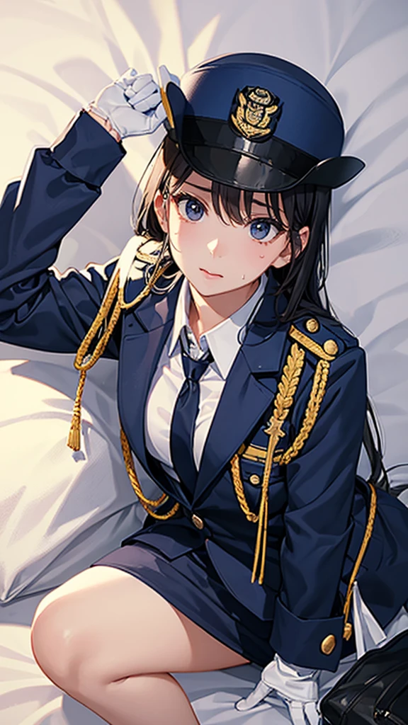 Highest quality、masterpiece、8K、Realistic、超High resolution、Very delicate and beautiful、High resolution、Cinema Lighting、medium range shooting、Perfect female body、Beautiful woman、Mature Woman、Beautiful Eyes、(((In heat、aroused、Trembling Body、shortness of breath、in heat)))、break ((Female police officer、紺色のFemale police officer、Uniform Buttons、Navy blue tie、Uniform jacket、White gloves))、Black Pantyhose、Pencil Skirt、Stiletto heel pumps、Police Badge、Epaulettes、break Bent body、Lie in, Look to the side, (Worried face, Drunk look、Hot body、Sweaty)、bedroom、Lying on the white sheets of a bed、Playing with your body、