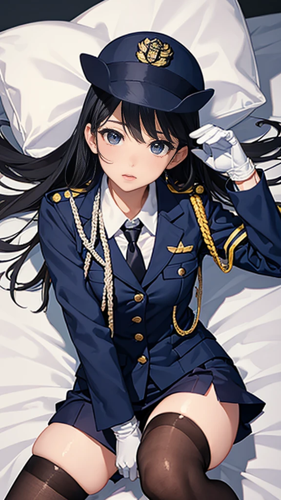 Highest quality、masterpiece、8K、Realistic、超High resolution、Very delicate and beautiful、High resolution、Cinema Lighting、medium range shooting、Perfect female body、Beautiful woman、Mature Woman、Beautiful Eyes、(((In heat、aroused、Trembling Body、shortness of breath、in heat)))、break ((Female police officer、紺色のFemale police officer、Uniform Buttons、Navy blue tie、Uniform jacket、White gloves))、Black Pantyhose、Pencil Skirt、Stiletto heel pumps、Police Badge、Epaulettes、break Bent body、Lie in, Look to the side, (Worried face, Drunk look、Hot body、Sweaty)、bedroom、Lying on the white sheets of a bed、Playing with your body、