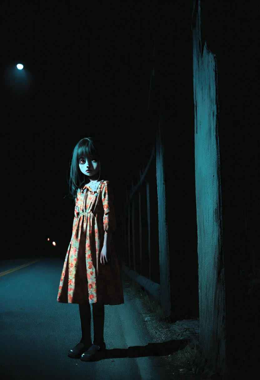 9 year old girl, wearing a floral dress, standing on the side of a highway, macabre look, horror film photography, night scene