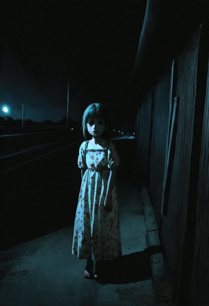 9 girl, wearing a floral dress, standing on the side of a highway, macabre look, horror film photography, night scene