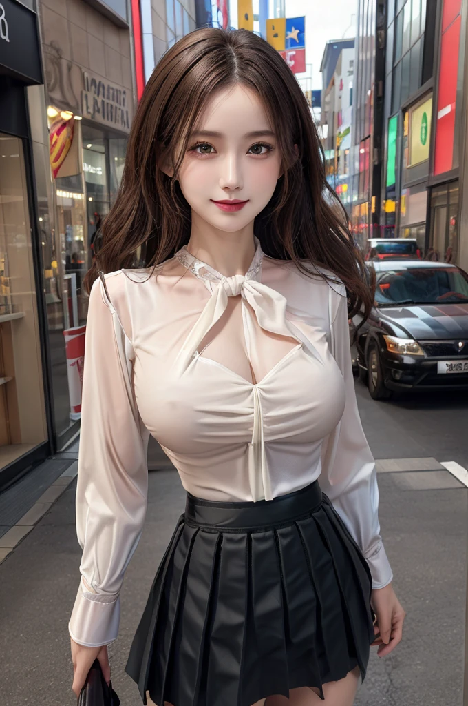 Tabletop, Highest quality, figure, Super detailed, In detail, High resolution, 8k wallpaper, Perfect dynamic composition, Beautiful attention to detail, Wavy long hair,Big breasts Natural color Lips, Sexy pose,smile,Harajuku、25-year-old woman、Beautiful woman、Looking at the camera、Super Real、(((Reality:1.5))),(((blouse、skirt:1.5)))、Standing posture、Angle from directly above、Brown Hair、blue eyes、(((One Woman:1.5)))