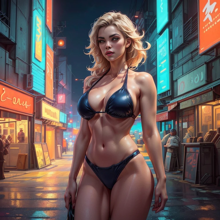 ((Very detailedなサイバーパンクバイク:1.5))、Woman in bikini、neon city background、at night、Neon Light、Neon Cyberpunk Style、Intricate details、Very detailed、Octane Rendering、Cinematic lighting、Photorealistic、8K、Super detailed