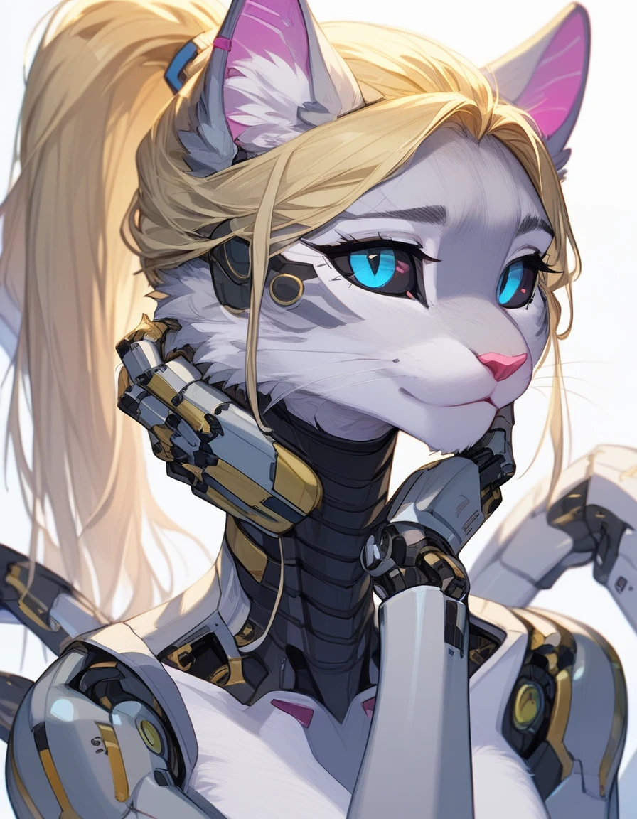 , score_9,score_8_up,score_7_up, (The ultra-detailed)、8K、(Very noble and beautiful))、Cinematic Light、((1 Mechanical anthropomorphic feline girl, Kat, blonde hair in a ponytail, pink nose, :3, silver fur, )) black ceramic body、luminescent android blue eyes, black sclera 、(Mechanical joint:1.4)、((Mechanical limb)), (Mechanical spine attached to the back))、((Mechanical cervical vertebrae attached to neck)), neon details、Science fiction, The background is Cyberpunk City、close up