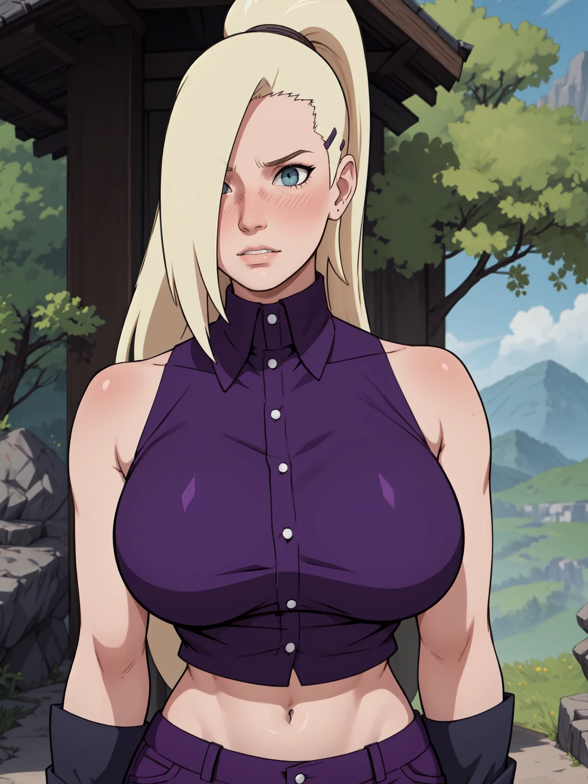 {-erro_de_anatomia:1.0} estilo anime, Masterpiece, absurdities, Yamanaka Ino\(Naruto\), 1girl Solo, woman, Perfect composition, Detailed lips, Beautiful face, body proportion, Blush, Long blonde hair, blue eyes, purple blouse, purple pant, Soft gauze, Super realistic, Detailed, photo shoot, Realistic faces and bodies, masterpiece, best quality, best illustration, hyper detailed, 1 woman, solo, glamorous, blushing, upper body, fighting, on nature, look at the view, dimanic poses, 