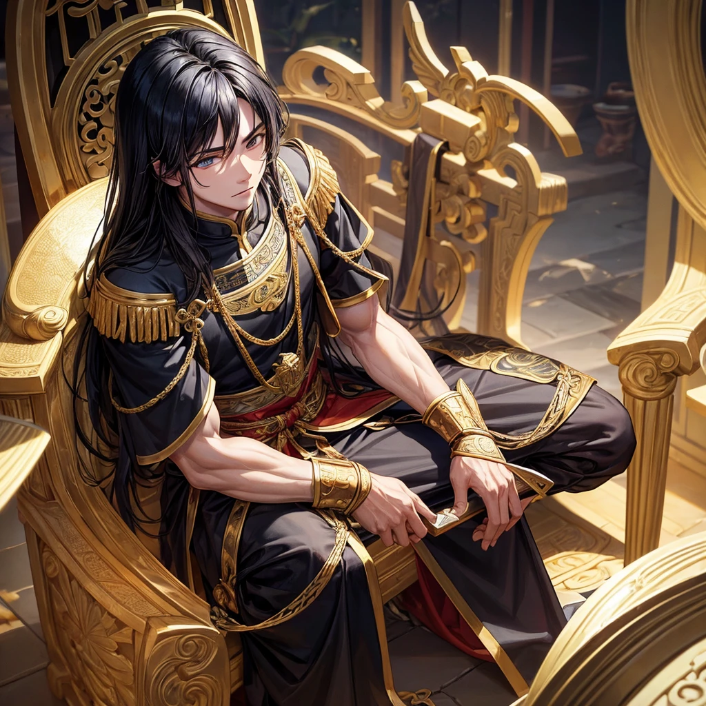 (Best Quality, Masterpiece), 1 boy kneeling in front of a throne. muscular chinese. shiny black hair, slanted honey-colored eyes, dark complexion. ancient chinese warrior costume.