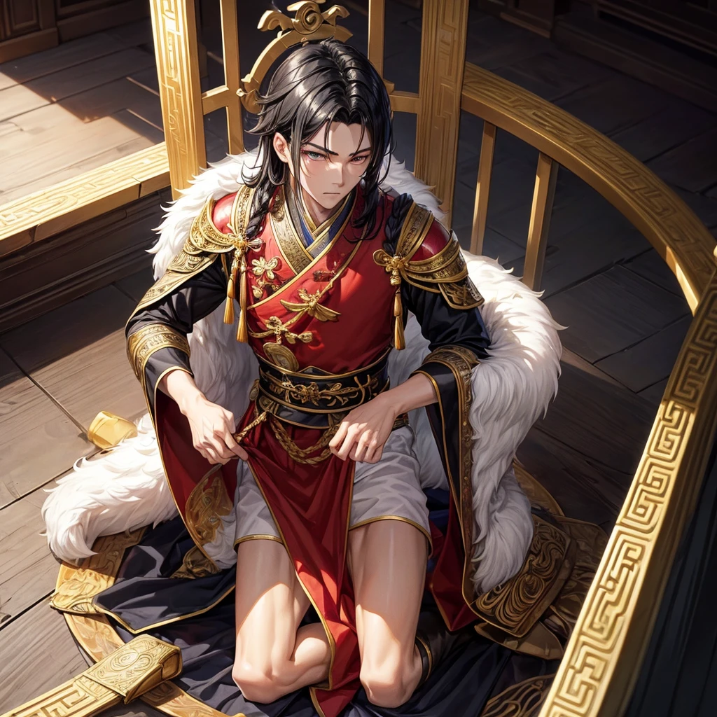(Best Quality, Masterpiece), 1 boy kneeling in front of a throne. muscular chinese. shiny black hair, slanted honey-colored eyes, dark complexion. ancient chinese warrior costume.