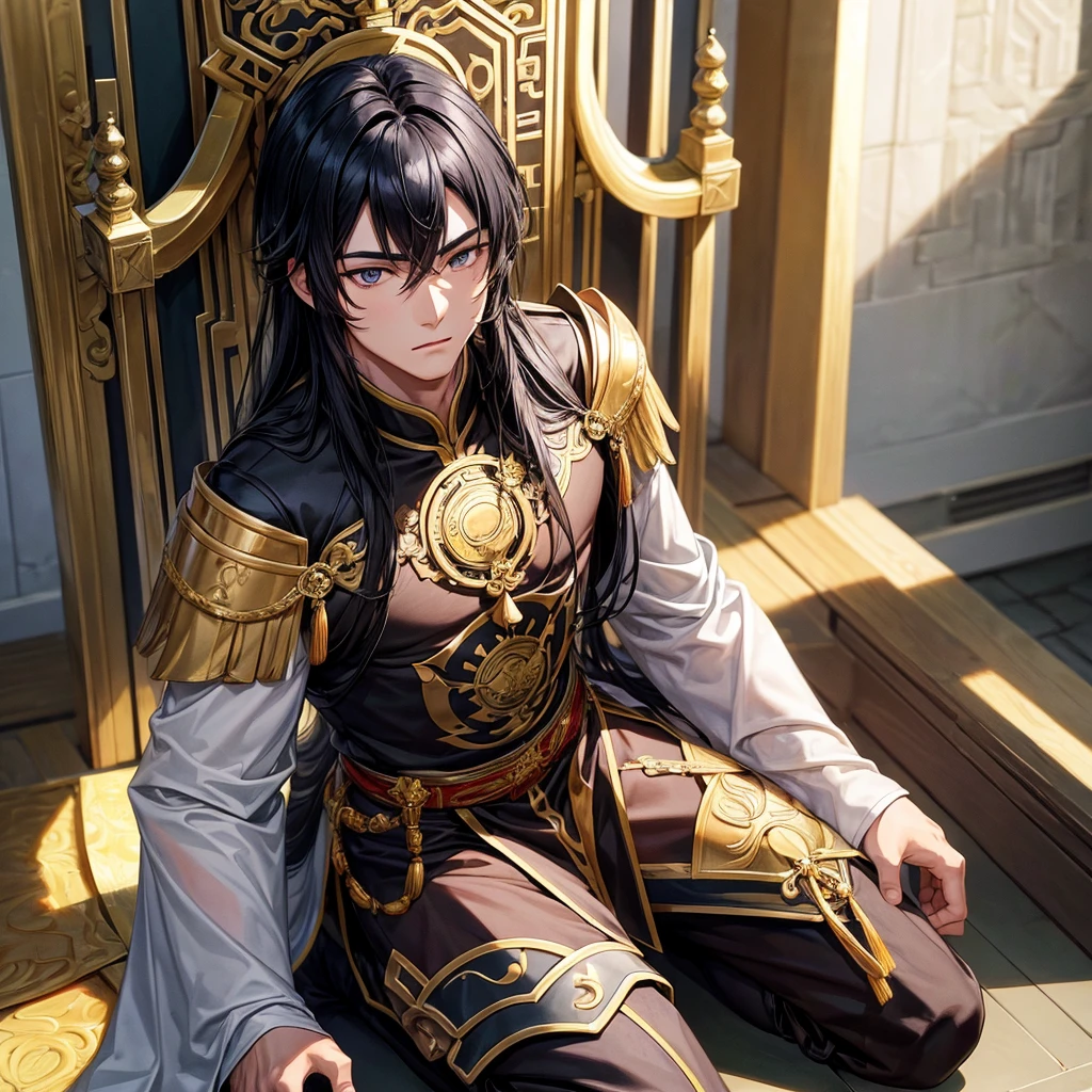 (Best Quality, Masterpiece), 1 boy kneeling in front of a throne. muscular chinese. shiny black hair, slanted honey-colored eyes, dark complexion. ancient chinese warrior costume. 