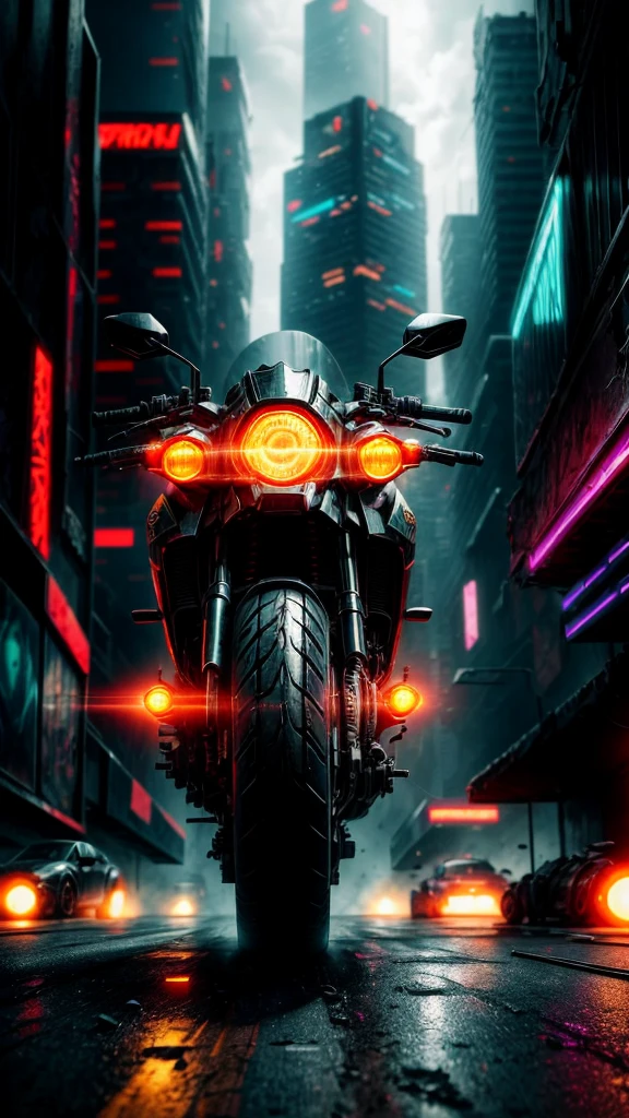 detailed cyberpunk motorcycle speeding through a dystopian futuristic battlefield, highly detailed, cinematic, photorealistic, 8k, HDR, dramatic lighting, dynamic motion blur, intense action, intricate mechanical details, moody color palette, neon lights, post-apocalyptic environment, urban decay, grunge, gritty, intense, adrenaline-fueled