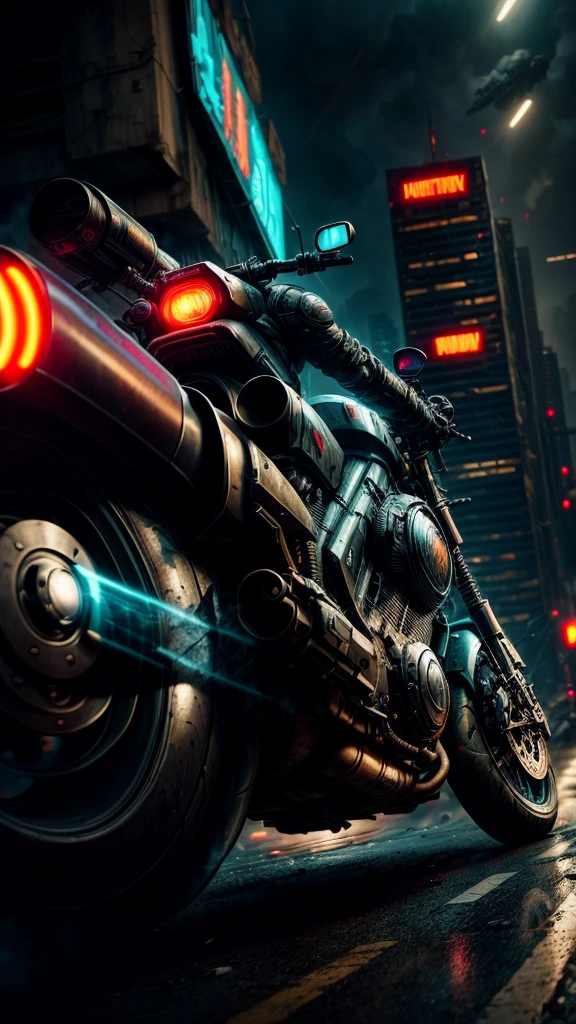 detailed cyberpunk motorcycle speeding through a dystopian futuristic battlefield, highly detailed, cinematic, photorealistic, 8k, HDR, dramatic lighting, dynamic motion blur, intense action, intricate mechanical details, moody color palette, neon lights, post-apocalyptic environment, urban decay, grunge, gritty, intense, adrenaline-fueled