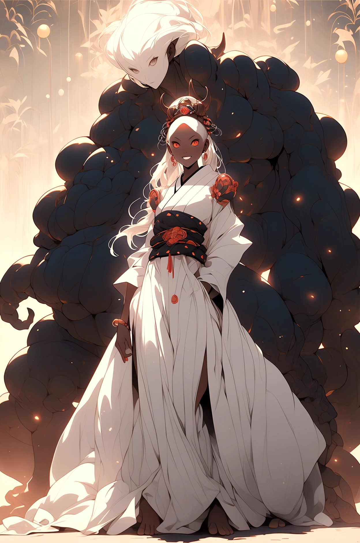 Full body image, african woman, open arms pose walking, face Contempt, evil smile, white hair short, full armor dark demoniac fantasy, , sweating, body a little fat, Hyper realistic night beach background, persona 5 manga style, Japanese writing on the edges with Shangri-La written on at the edges, Angle from bottom to top