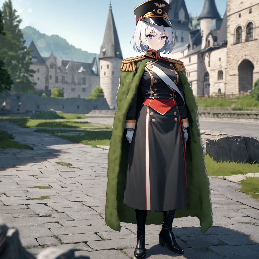 A woman wearing a hussar geman uniform from the Prussian period, a uniform with moss green, golden shoulder pads, a moss green fur cape, black leather boots, a hussar geman hat with a silver skeleton on the hat, white hair, short hair, blue eyes, serious face, postured standing on a concrete walkway, background ancient german castle, daytime location, (Tirpitz azur_lane). UHD , prime work , accurate , anatomically correct , textured skin , super details , high quality , best quality, 8k, high resolution, bokeh effect. (woman alone)
