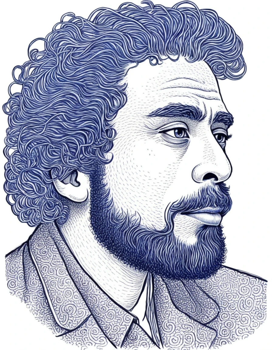 The image depicts a detailed pen sketch of an individual from the shoulders up. The face of the individual is obscured by a solid blue rectangle, making it impossible to identify any facial features. The hair appears to be curly or wavy and is depicted with numerous intricate lines and swirls that create a sense of volume and texture. The individual is wearing what seems to be a collared shirt and jacket, also rendered in fine lines that suggest folds and creases in the fabric.