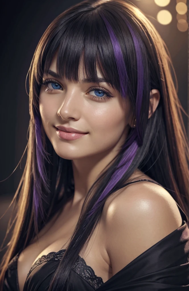 (Ultra Realistic), (Illustration), (Increased Resolution), (8K), (Extremely Detailed), (Best Illustration), (Beautiful and Detailed Eyes), (Best Quality), (Ultra Detailed), (Masterpiece ), ( wallpaper), (detailed face), solo, 1 girl, looking at viewer, fine details, detailed face, in the dark, deep shadows, low key, pureerosfaceace_v1, smiling, long hair, black shawl straight hair , 46 points oblique bangs, hot pirate attire, pastel purple theme